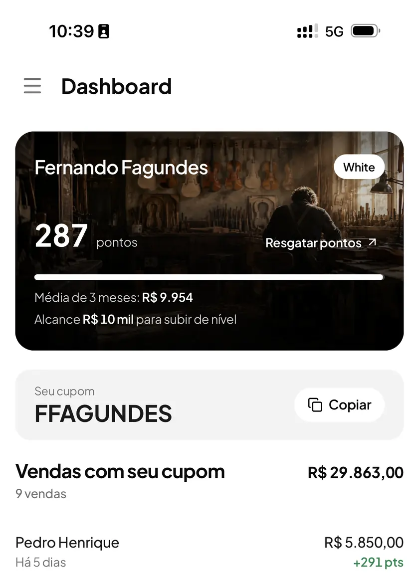 Painel do parceiro com pontos, cupom e vendas